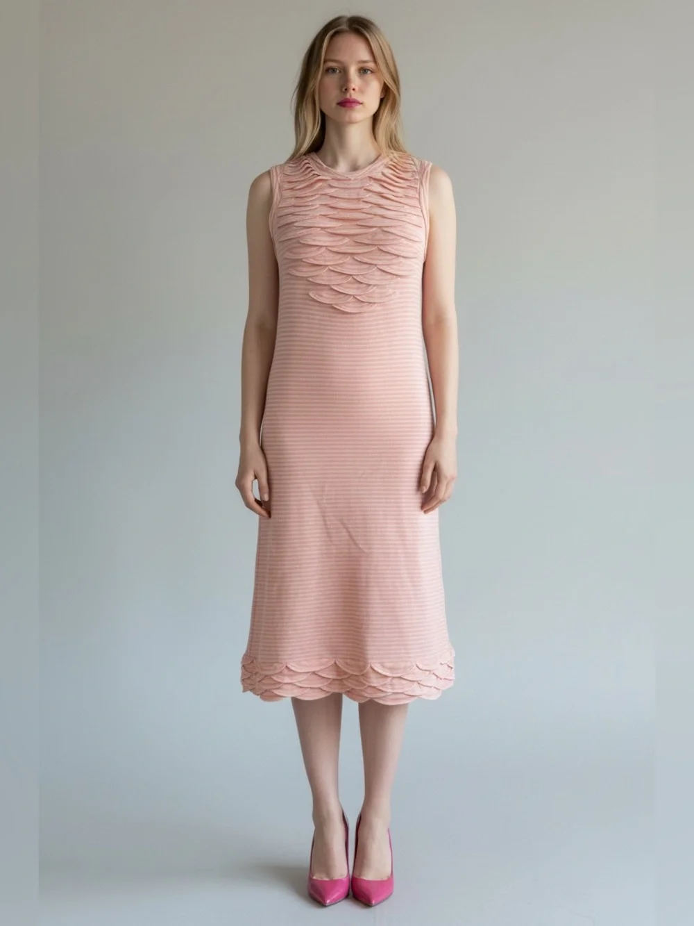 CHANEL Blush Pink Sleeveless Scallop-Detail Knit Dress
